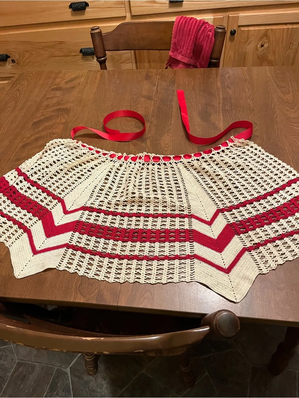 Handmade Cream and Red Crochet Apron with Red Ribbon